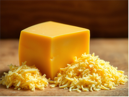 Photo of a block of cheddar cheese next to a pile of freshly grated cheese.
