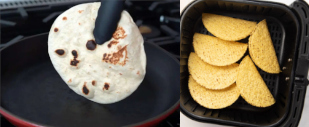 Split image showing a soft tortilla and crunchy taco shells being warmed in pans.